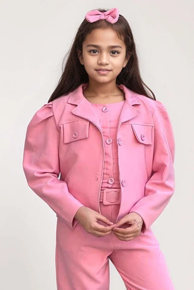 Kız Çocuk Kolsuz Penye Gömlek Cep Detaylı Blazer Ceket Kemerli Pantolon Pembe Alt Üst Takım - Resim 6