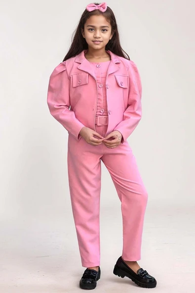 Kız Çocuk Kolsuz Penye Gömlek Cep Detaylı Blazer Ceket Kemerli Pantolon Pembe Alt Üst Takım - Resim 4