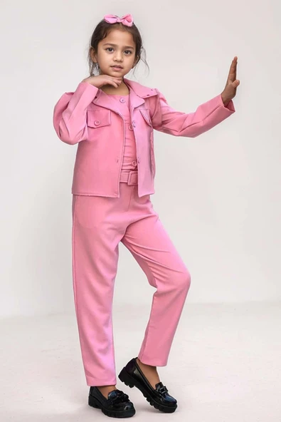 Kız Çocuk Kolsuz Penye Gömlek Cep Detaylı Blazer Ceket Kemerli Pantolon Pembe Alt Üst Takım - Resim 5