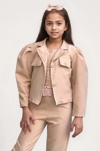 Kız Çocuk Kolsuz Penye Gömlek Cep Detaylı Blazer Ceket Kemerli Pantolon Krem Alt Üst Takım - 3