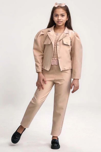 Kız Çocuk Kolsuz Penye Gömlek Cep Detaylı Blazer Ceket Kemerli Pantolon Krem Alt Üst Takım