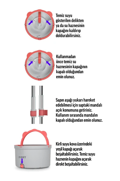 PONY GRİ 4 ADET MİKROFİBER MOP TEMİZ & KİRLİ SUYU  AYIRMA ÖZELLİĞİ OTOMATİK TEMİZLİK SETİ PASPAS - 4