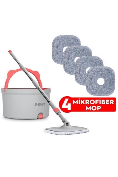 PONY GRİ 4 ADET MİKROFİBER MOP TEMİZ & KİRLİ SUYU AYIRMA ÖZELLİĞİ OTOMATİK TEMİZLİK SETİ PASPAS - 2