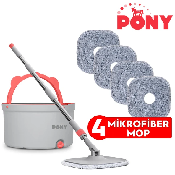 PONY GRİ 4 ADET MİKROFİBER MOP TEMİZ & KİRLİ SUYU AYIRMA ÖZELLİĞİ OTOMATİK TEMİZLİK SETİ PASPAS