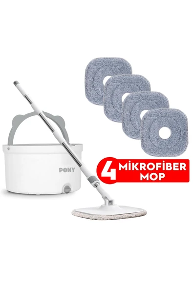PONY BEYAZ 4 ADET MİKROFİBER MOP TEMİZ & KİRLİ SUYU AYIRMA ÖZELLİĞİ OTOMATİK TEMİZLİK SETİ PASPAS