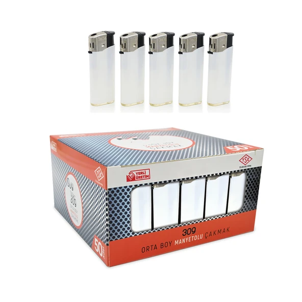 Çakmak 309 Manyetolu Orta Boy Beyaz Promosyon Çakmak 50'li