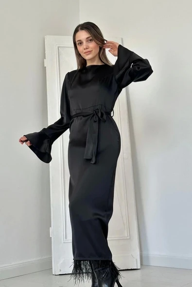 Siyah Eteği Saçaklı Elbise - 2