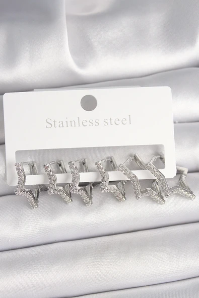 MuI MuI Pirinç Gümüş Renk Zirkon Taşlı 3 Çift Yıldız Model Kadın Küpe ürün görseli 1