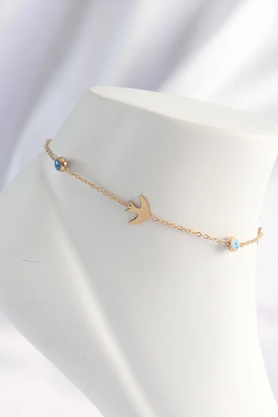 MuI MuI 316L Çelik Gold Renk Nazar Boncuk Detay Kuş Tasarımlı Halhal