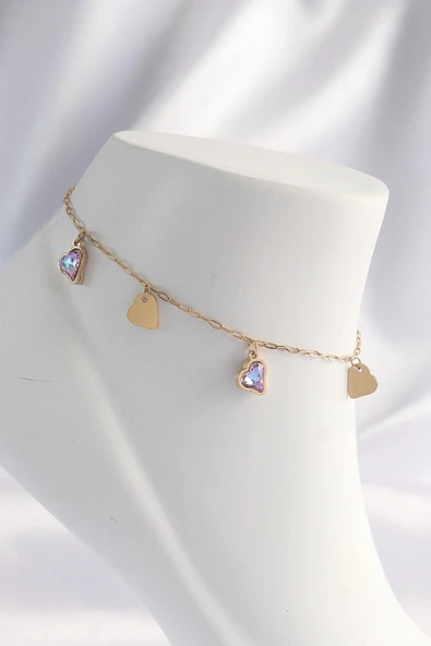MuI MuI 316L Çelik Gold Renk Minimal Renkli Zirkon Taşlı Kalp Halhal
