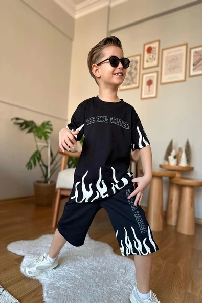 Yeni Sezon Ateş Desenli Siyah Renk Erkek Çocuk Takım