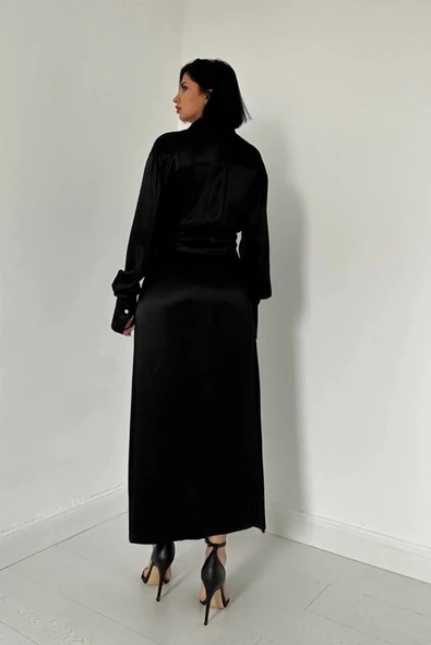 Siyah Kuşaklı Gömlek Elbise - 4