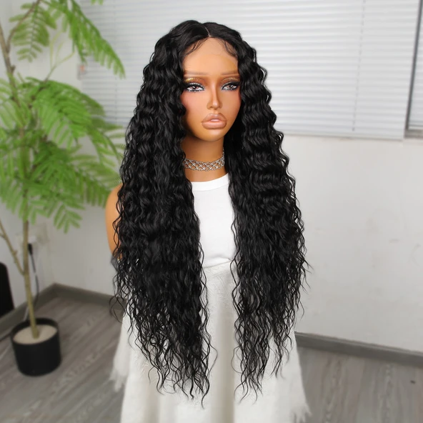 Ekstra Uzun Yoğun Afro Dalga Siyah Fiber Sentetik Geniş T Tül Peruk - Resim 2