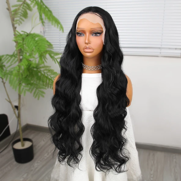 Siyah Ekstra Uzun Fiber Sentetik Dalgalı Tül Peruk - Resim 3