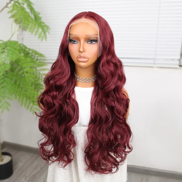 Gür Yoğun Su Dalgalı Koyu Kızıl Fiber Sentetik Uzun Tül Peruk - Resim 3