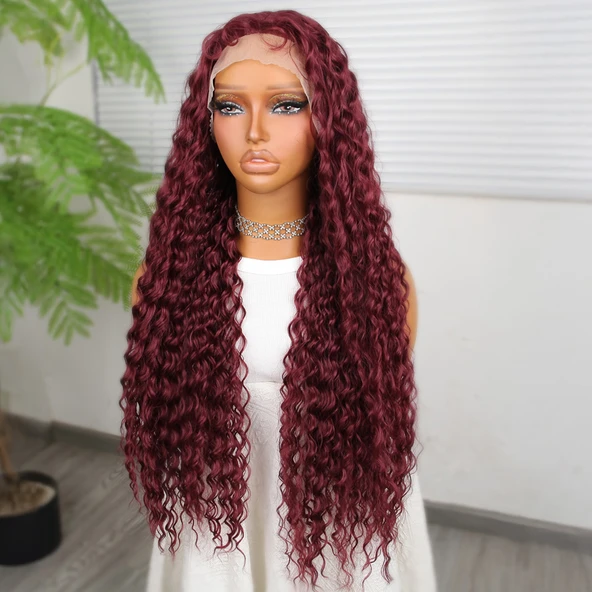 Afro Dalga Koyu Kızıl Fiber Sentetik T Tül Peruk - Resim 3