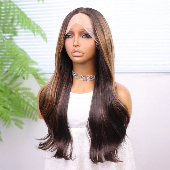 Kahve Karamel Işıltılı Düz Fiber Sentetik Tül Peruk - 3