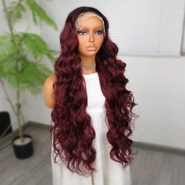 Kızıl Kahve Ekstra Uzun Fiber Sentetik Dalgalı Tül Peruk - Resim 2