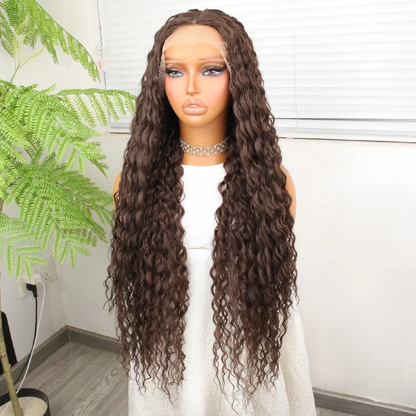 Afro Dalga Kumral Fiber Sentetik Tül Peruk - Resim 3