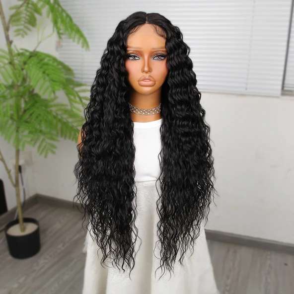 Ekstra Uzun Yoğun Afro Dalga Siyah Fiber Sentetik Geniş T Tül Peruk ürün görseli 1