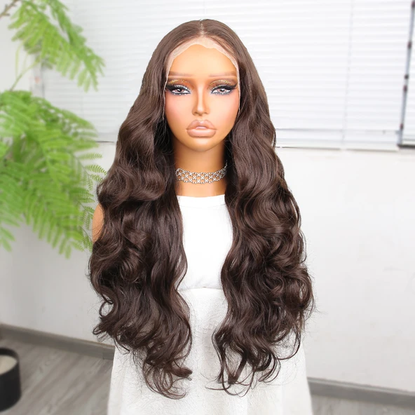 Gür Yoğun Su Dalgalı Kumral Fiber Sentetik Uzun Tül Peruk ürün görseli