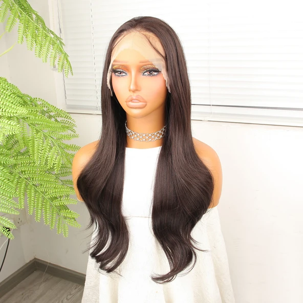 Kahve Karamel Fiber Sentetik Hafif Dalgalı Tül Peruk - Resim 3