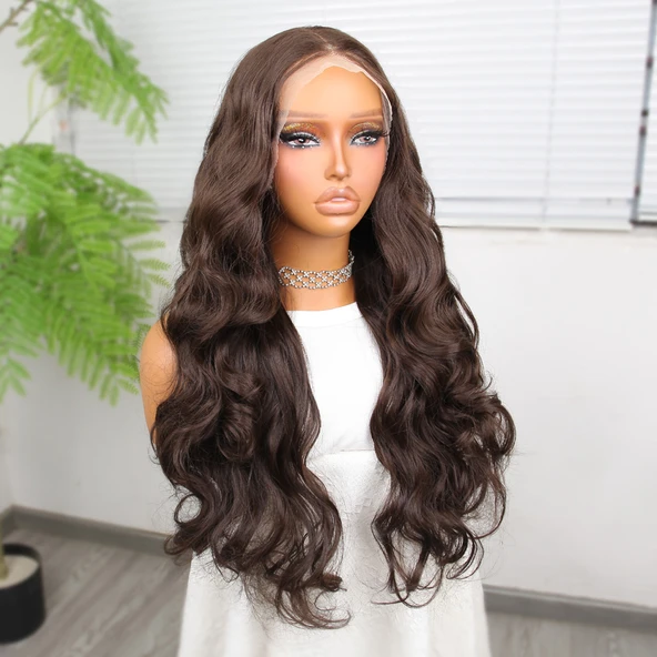 Gür Yoğun Su Dalgalı Kumral Fiber Sentetik Uzun Tül Peruk - Resim 2