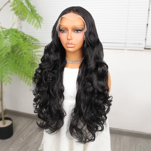 Gür Yoğun Su Dalgalı Siyah Fiber Sentetik Uzun Tül Peruk - Resim 3