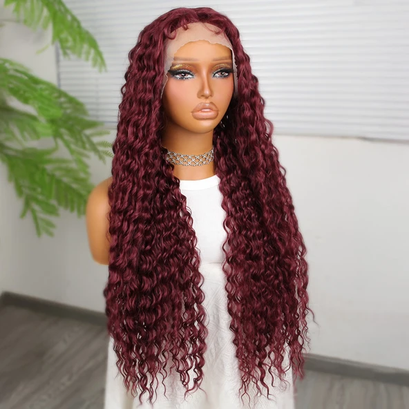 Afro Dalga Koyu Kızıl Fiber Sentetik T Tül Peruk - Resim 2