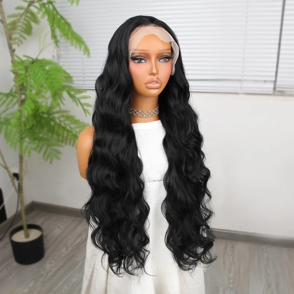 Siyah Ekstra Uzun Fiber Sentetik Dalgalı Tül Peruk - Resim 2