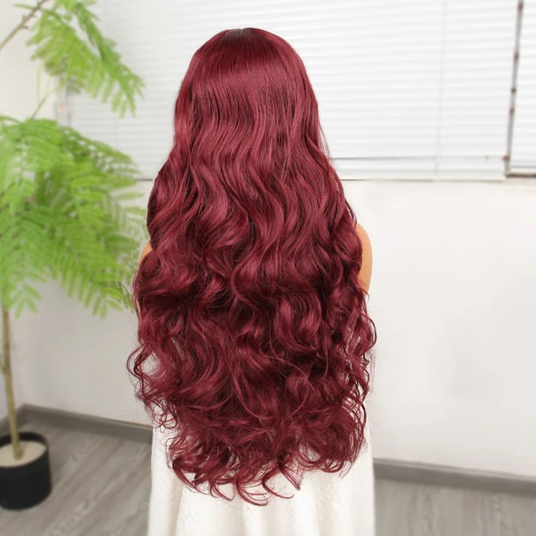 Gür Yoğun Su Dalgalı Koyu Kızıl Fiber Sentetik Uzun Tül Peruk - Resim 4