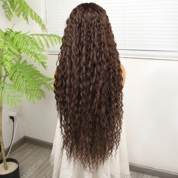 Afro Dalga Kumral Fiber Sentetik Tül Peruk - Resim 4