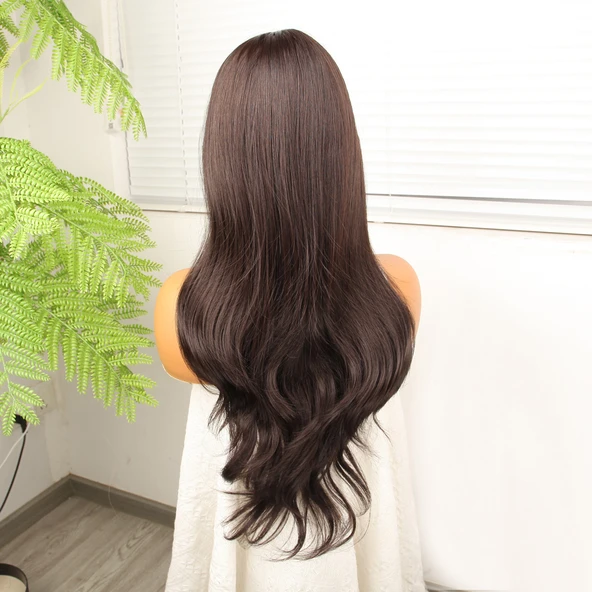 Kahve Karamel Fiber Sentetik Hafif Dalgalı Tül Peruk - Resim 4