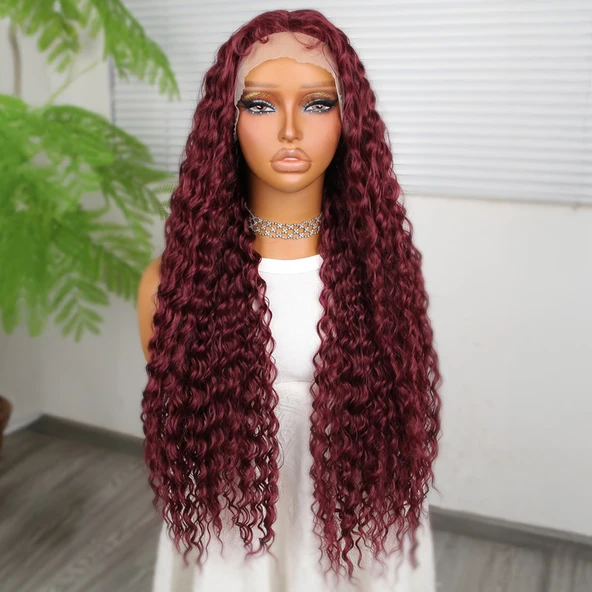 Afro Dalga Koyu Kızıl Fiber Sentetik T Tül Peruk ürün görseli 1