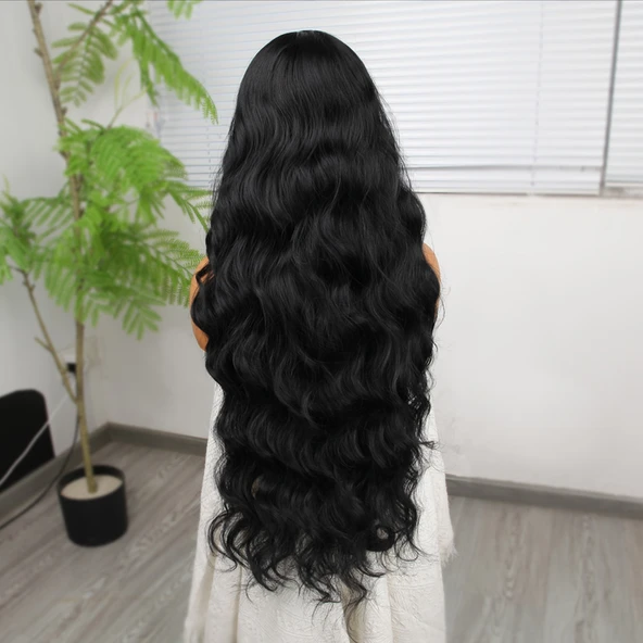 Siyah Ekstra Uzun Fiber Sentetik Dalgalı Tül Peruk - Resim 4