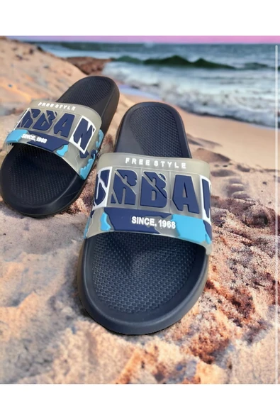 Kamuflaj Urban Desenli Plaj Havuz Bahçe Deniz Günlük Erkek Terlik Lacivert - Resim 5