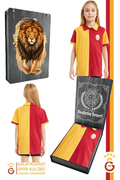 Galatasaray Orijinal Lisanslı Match Day Polo Çocuk T-shirt Gs Aslan Baskılı Hediyelik Ahşap Kutulu