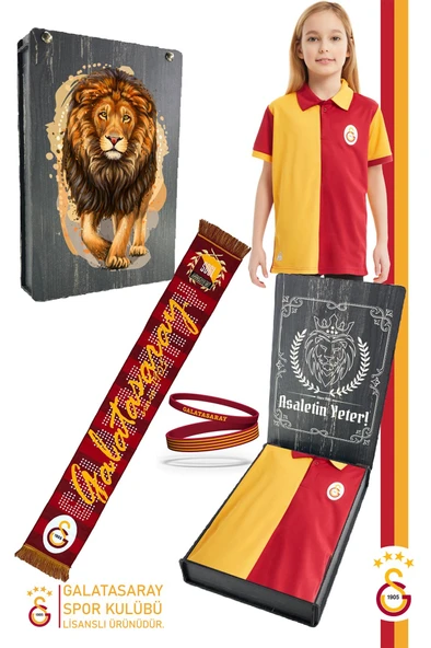 Galatasaray Orijinal Lisanslı Polo Yaka Çocuk T-Shirt + Bileklik + Atkı Set Hediyelik Ahşap Kutulu