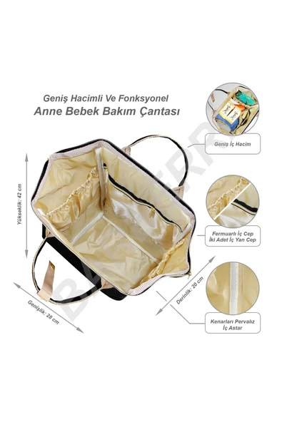 Çok Amaçlı Anne Bebek Bakım Sırt Çantası Klasik Siyah - Resim 3