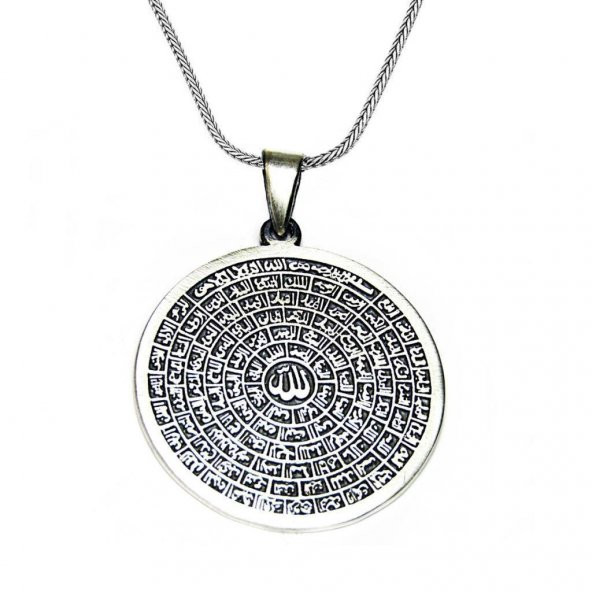 Büyük Boy Esmaül Hüsna Dualı 925 Ayar Gümüş Kolye Kalın Zincirli - Resim 4