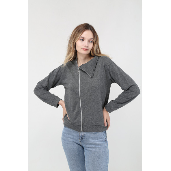 Kadın Gri Sweatshirt Fermuarli - 1