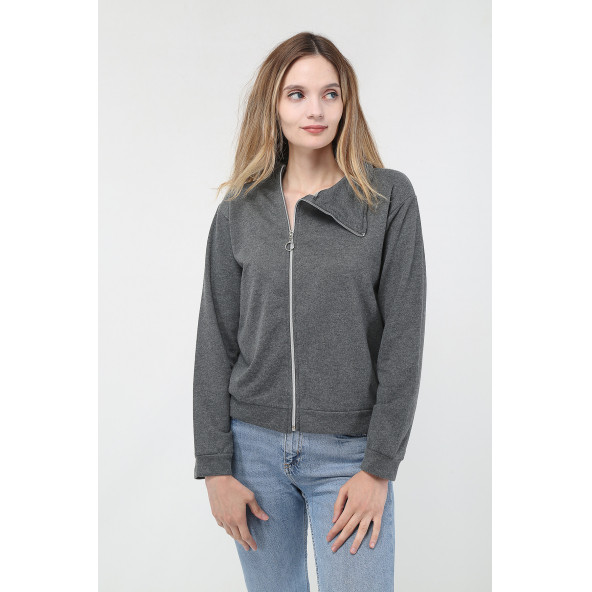 Kadın Gri Sweatshirt Fermuarli - 2