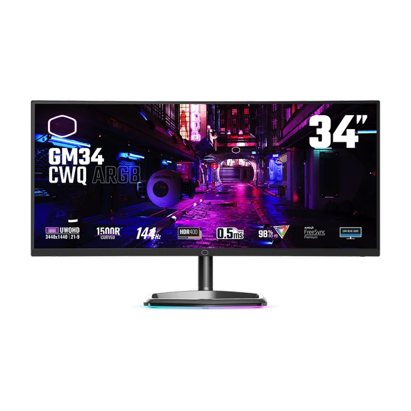 COOLERMASTER CM 34" GM34-CWQ 144Hz 0.5ms 2xHDMI, DP, Type C,B,  FreeSync, UWQHD ARGB Cored Gaming Monitör ürün görseli