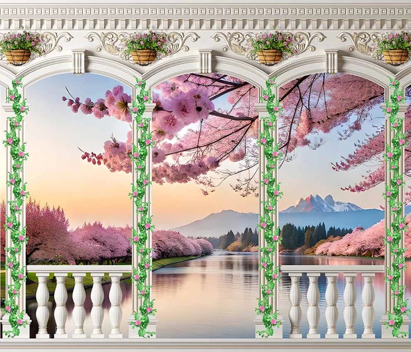 Pembe Ağaç ve Nehir Sutun Duvar Kağıdı Baskı - 7