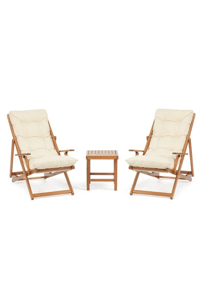 Monaco Minderli Şezlong Seti - 2 Kişilik, 3 Kademe Sırt Dayamalı, Kolçaklı Ahşap Şezlong