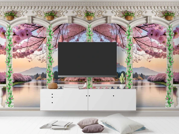 Pembe Ağaç ve Nehir Sutun Duvar Kağıdı Baskı - 3