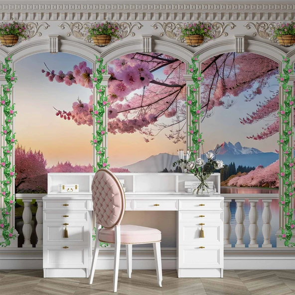 Pembe Ağaç ve Nehir Sutun Duvar Kağıdı Baskı - 4