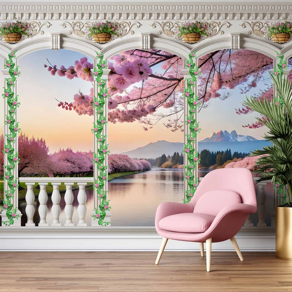 Pembe Ağaç ve Nehir Sutun Duvar Kağıdı Baskı - 6