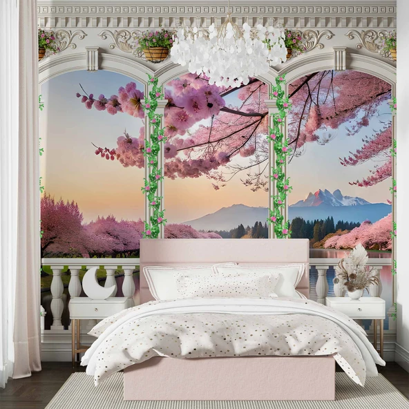 Pembe Ağaç ve Nehir Sutun Duvar Kağıdı Baskı - 2