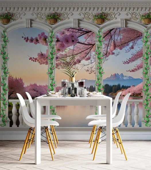 Pembe Ağaç ve Nehir Sutun Duvar Kağıdı Baskı - 5